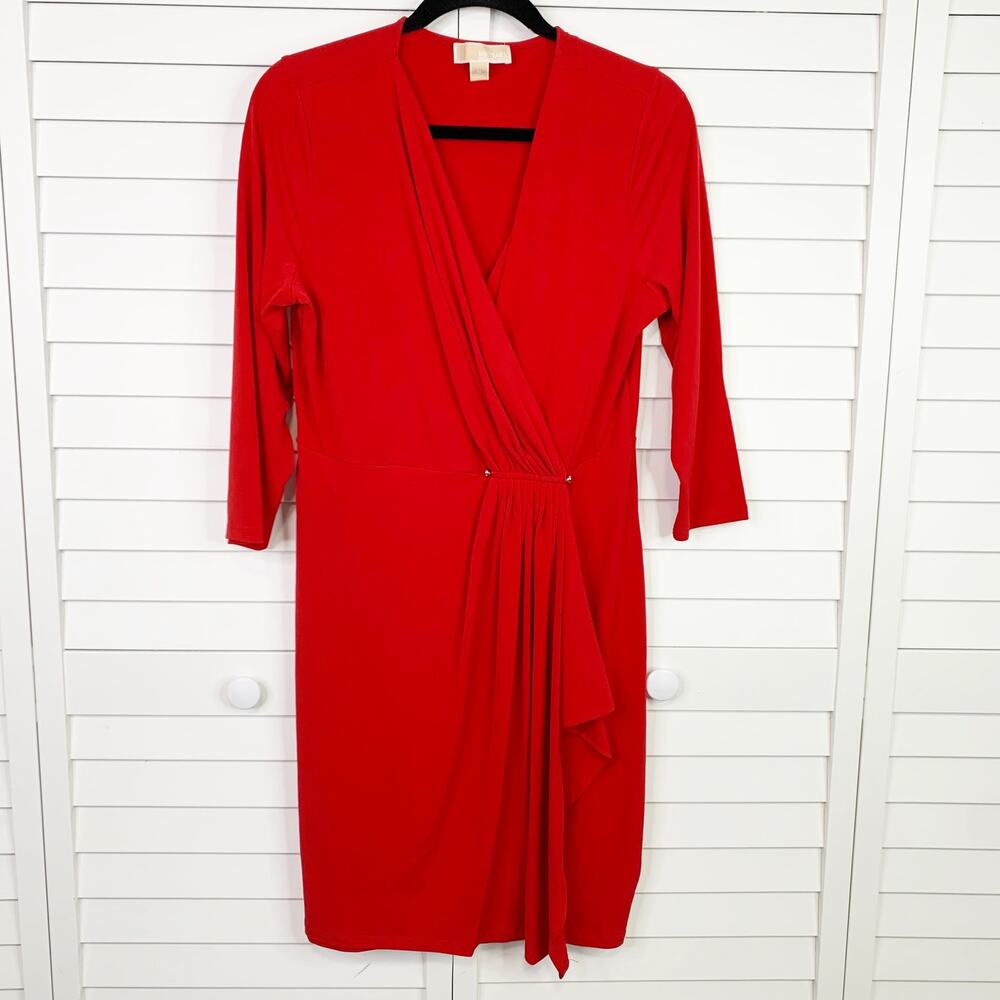 Michael Michael Kors Dress Medium Red Faux Wrap Jersey Stretch Rushed 3/4 Sleeve